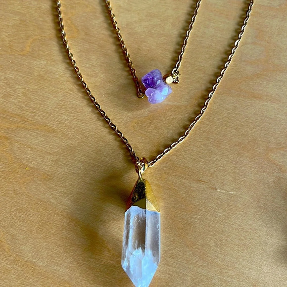 Genuine Clear Quartz and Amethyst Necklace - Picture 1 of 6